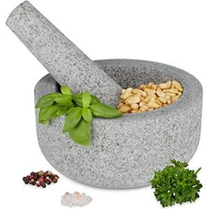 Relaxdays Vijzel met stamper, graniet, ronde steenmortel, H x D: 8 x 16 cm, specerijen en kruiden, zware kruidenmortel, grijs