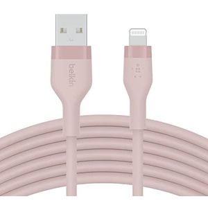 Belkin USB-A naar Lightning BoostCharge Flex siliconen kabel (3 m), MFi-gecertificeerd, voor iPhone 14/14 Plus, 13, 12, Pro, Max, mini, SE, iPad enz. (roze)