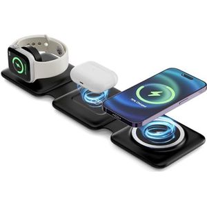 SUTOUG Mag-Safe 3-in-1 draadloze oplader met 18 W AC-adapter, compatibel met iPhone 15/14/13/12 Pro Max Plus, drijvend reislaadstation voor Apple Watch en Air Pods