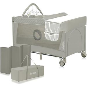 Lionelo Flower 4-in-1 reisbed voor baby's met zijingang, luiertafel, twee hoogtes voor matrasophanging, speelgoedboog met speelfiguren, wielen, draagtas