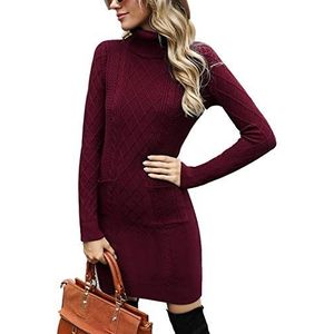 Irevial Kleding dames winter mode T-shirt jurk dames opstaande kraag met lange mouwen jurk pullover dames elastisch casual, rode wijn