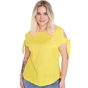 TRENDYOL Dames T-shirt met standaard ronde hals en geweven ronde hals in grote maten geel, XL, Geel.