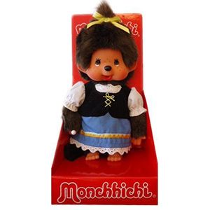 Sekiguchi 242047 - Origineel Beiers meisje Monchhichi, pluche, bruin, met jurk en paardenstaart met strik, ca. 20 cm