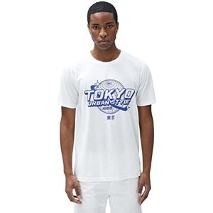 Koton T-shirt en coton pour homme Far East Printed Crew Neck Slim Fit, Blanc (000), XXL