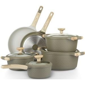 KASANOVA Kookgerei met antiaanbaklaag, bamboe, compatibel met inductie, met deksel van gehard glas (groen in crème, 10 stuks)