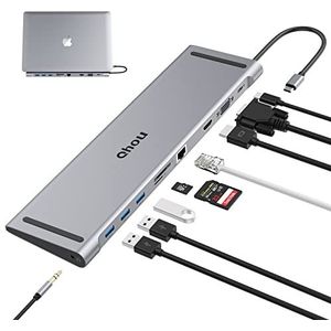 Qhou 10-in-1 USB C HDMI-dockingstation, Dual Monitor USB C Hub met 4K HDMI, VGA, 3 x USB 3.0, PD 100W, Ethernet, SD/TF-sleuf USB C Hub compatibel met MacBook en Windows