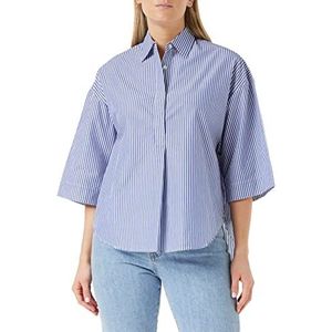 French Connection Rhodes Popover À Manches Courtes en Popeline Durable Chemise à Bouton Bas Femme, Lin Blanc/Bleu Marine, L