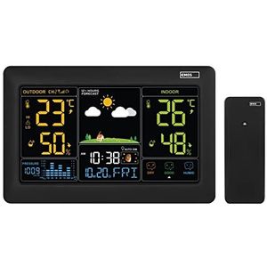 EMOS Draadloos weerstation met kleurendisplay en buitensensor, thermometer, hygrometer, barometer, weersvoorspelling, datum en tijd, wekker, Smiley-indicator, incl. voeding