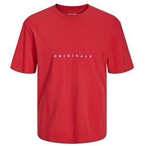 JACK & JONES Heren T-shirt - Regular Fit - Logo - Uniseks, Rococco Red/Fit: Relaxed / Org Print / Cloud Emb