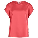 Vila Dames satijnen blouses korte mouwen basic ronde hals glanzend tuniek blouse verschillende kleuren: koraal roze - maat: 38, koraal roze, 40, Koraal roze