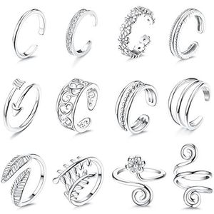 CASSIECA 12 stuks verstelbare teenringen voor vrouwen meisjes goud zilver zwart open teen ringen set bloem pijl blad hart CZ staart roze band ringen zomer strand voet sieraden set, goud zilver, Lak