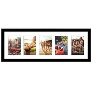 Americanflat Zwarte collage fotolijst met 5 openingen; ontworpen voor foto's van 10,2 x 15,2 cm; uitstekende keuze voor panoramalijsten