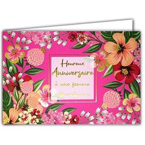 Afie 69-5131 wenskaart voor verjaardag aan een buitengewone vrouw in goud glanzend – met envelop – formaat gesloten 115 x 170 mm – gemaakt in Frankrijk, horizontaal, bloem, roze