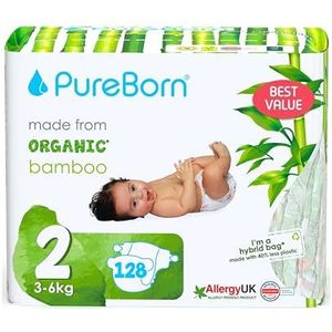 PureBorn Milieuvriendelijke bamboe luiers, maat 2 (3-6 kg), 128 stuks, hypoallergeen, ultrazacht, verschillende print, vochtindicator