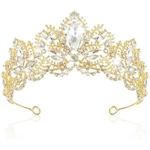 KOMUNJ Gouden tiara voor dames, prinsessenkroon, kristallen diadeem, voor bruiloft, carnaval, themafeest, wedstrijd, geschikt voor volwassenen en kinderen, legering, Legering