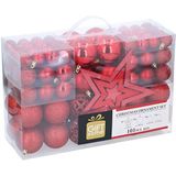 Giftsome Kerstballen, 101 stuks, kerstboomversiering, onbreekbaar, voor binnen en buiten, kunststof, diameter 3/4/6 cm, mat, glanzend, glinsterend, open, rood