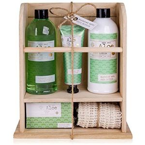 accentra Aloë Vera Premium Collection cadeauset voor dames op een houten plank met douchegel, bodylotion, handcrème, badbommen en sisalhanddoek