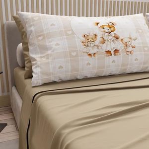 PETTI Artigiani Italiani - Beddengoed van katoen met kussenslopen in digitale print, tweepersoonsbed, Teddy Love Taupe 100% Made in Italy