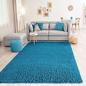 VIMODA Prime Shaggy, tapijt, kleur: hoogpolig, modern, voor woonkamer, slaapkamer, afmetingen: 150 cm vierkant, turquoise, 70 x 250 cm