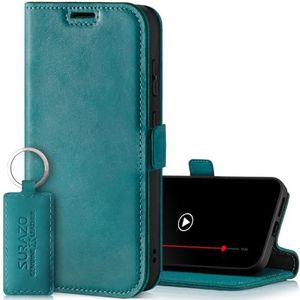 SURAZO Samsung Galaxy S24 FE Beschermhoes, dun, magnetisch, echt leer, met kaartenvak, RFID-bescherming, flip case, turquoise