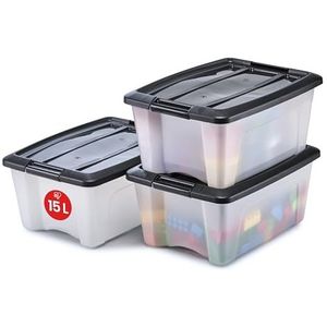 Iris Ohyama, Set van 3 kunststof dozen, opbergdozen, multifunctionele opbergdoos, 15 liter deksel, ergonomische handgreep, loft, slaapkamer, woonkamer, New Top Box NTB-15, zwart (doos wit mat)