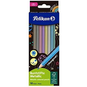Pelikan Metalen kleurpotloden, 10 kleuren, zeshoekige houten potloden, onbreekbare vulling, 701235