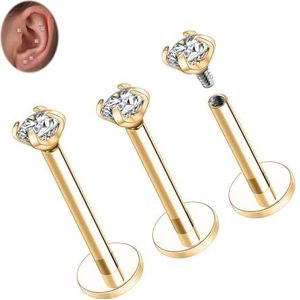 hengkaixuan G23 Set van 3 titanium labret kraakbeen helix oorbellen met binnendraad Monroe Medusa 18G 16G Tragus Conch met CZ voor dames en heren, Titanium, Kubieke zirkonia