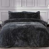 Sleepdown Luxe fleece beddengoedset, langpolig, kunstbont, antracietgrijs, superzacht, onderhoudsvriendelijk, met kussensloop, eenpersoonsbed (135 x 200 cm)