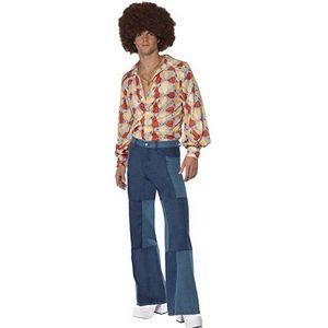 Smiffys jaren '70 retro kostuum, overhemd en broek patchwork jean's