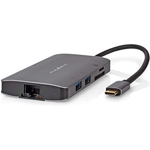 Nedis USB multiport adapter - USB 3.2 Gen 1 - USB-C stekker - HDMI/Micro SD / RJ45 aansluiting / SD/USB-C bus / 3 USB-A aansluitingen - 5 Gbps - 0,20 m - rond - verguld - PVC - antraciet