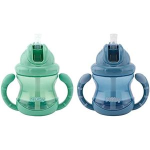 Nuby - Set van 2 Flip-it kopjes met rietje, druppelvrij siliconen rietje, met handgrepen en luchtdicht kliksysteem, 240 ml, blauw en groen - 12 + maanden