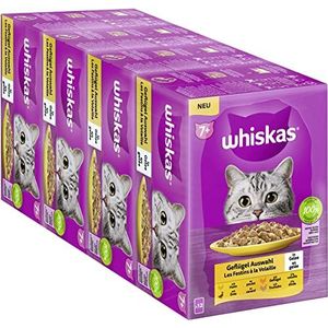 Whiskas 7+ Kattenvoer gevogelte naar keuze in gelei, 12 x 85 g (4 verpakkingen) - hoogwaardig natvoer vanaf 7 jaar in 48 zakjes - om de vitaliteit te behouden
