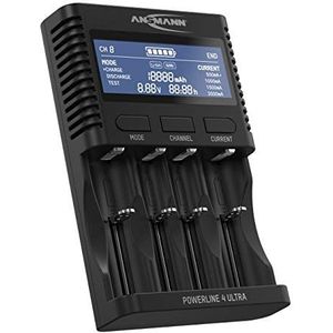ANSMANN Powerline4Ultra USB-batterijlader (1 stuk) – oplader voor 1 tot 4 NiMH AA/AAA/C/D & Li-ION 10440 tot 26650 – automatische oplader met 4 programma's (opladen, ontladen, testen, snel opladen)