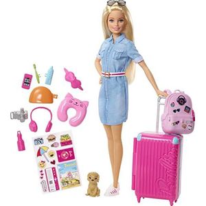 Barbie - Barbie reis-set met pop en hond, koffer, transportbox, outfit en sticker, meer dan 10 accessoires, cadeau vanaf 3 jaar, FWV25