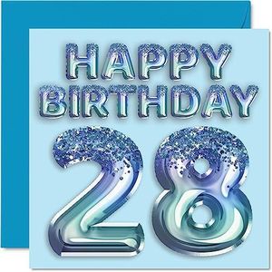 Verjaardagskaart voor heren, 28 jaar, feestballon, blauw, glitter, verjaardagskaarten voor mannen, 28 jaar, broer, zoon, neef, oom, 145 mm x 145 mm