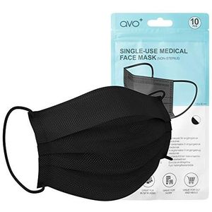 AVO+ Wegwerp zwart gezichtsmaskers 10-pakket, 3-laags beschermend comfortabel masker, 3-laags filter, ademend met oorlus montage, verborgen verstelbare neusclip, 10-pack, zwart