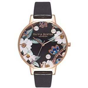 Olivia Burton Dames analoog Japans Quartz Horloge Met Lederen Band OB16BF04, Zwart & Rose Goud