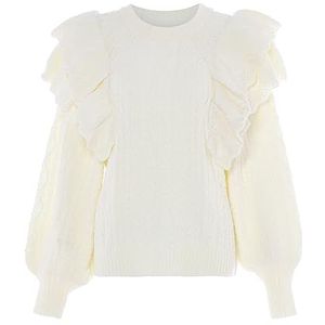 Aleva Pull en tricot pour femme avec col rond et manches ballon et bordure à volants Blanc cassé Taille M/L, Blanc cassé, M