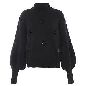 faina Pull en tricot à col haut pour femme - Motif tridimensionnel - Paillettes - Noir - Taille XL/XXL, Noir, XL