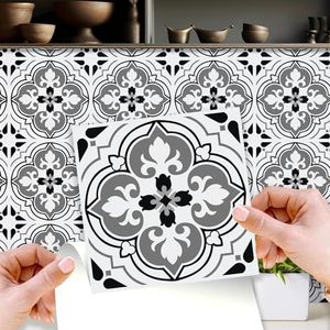 Walplus Tegelstickers voor keuken, zelfklevend, decoratie, bescherming, niet giftig, gemakkelijk afneembaar, gemakkelijk te snijden, badkamer, naadloze antieke bloemen, 24 stuks, 15 cm, zwart grijs