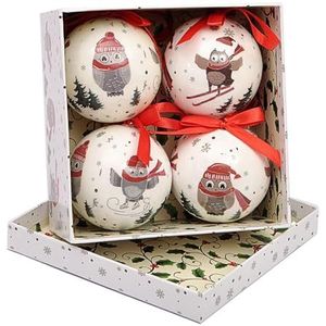 Set van 4 kerstballen (Ø 7,5 cm) Mooie winteruilen met stoffen lint in geschenkdoos
