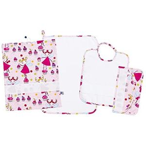 FILET - Kindergartenset met vier delen, geborduurd, bestaande uit slabbetjes met elastiek, handdoek, luiertas en envelop, handdoekhouder/slabbetje, gemaakt in Italië, kleine taarten met roze achtergrond