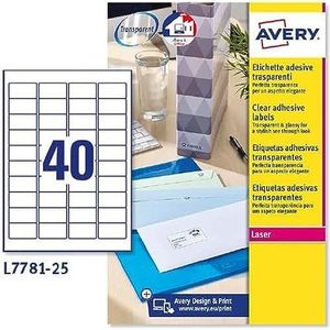 Avery Italia, L7781-25 transparante etiketten, glanzend, onzichtbaar, 45,7 x 25,4 mm, 40 etiketten per vel, laserprinter, 25 vellen