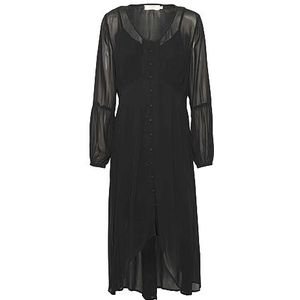 Cream Women's Dress Round Neck Chiffon Midi Length Buttons Long Sleeves, Pitch Black, 46