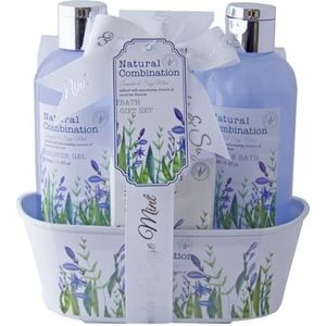 Accentra Badset lavendel in metalen doos met douchegel 190 ml, bodylotion 70 ml, schuimbad 190 ml, badzout 30 g, lavendel & salie geur - paars/wit