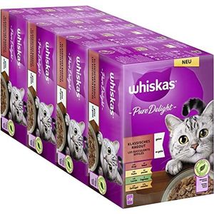Whiskas 1+ Pure Delight Classic Collection kattenvoer van gelei, 12 x 85 g (4 verpakkingen) - hoogwaardig natvoer voor volwassen katten in 48 zakjes