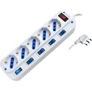Techly 103045 5-zits stekkerdoos met schakelaar en overspanningsbeveiliging, wit