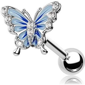 OUFER Helixpiercing, 16 g, tragus-sieraden, blauwe vlinder, roestvrij staal, zirkonia, voor bovenoor, 1,2 mm, cadeau voor vrouwen, Roestvrij staal, staal