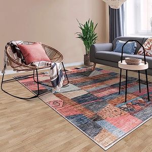 Vernal Colaj tapijt, machinewasbaar, pluisvrij, antislip tapijt voor woonkamer, slaapkamer, eetkamer, hal, keuken, huisdieren, blauw/roze en beige, 152 x 213 cm