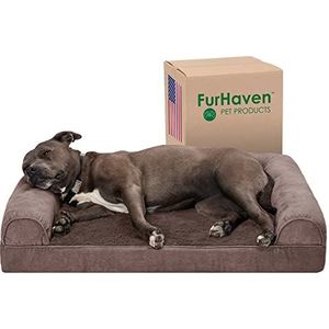 Furhaven Grote orthopedische hondenbed van imitatiebont en fluweel, sofa-stijl, met afneembare wasbare hoes, driftwood bruin, L